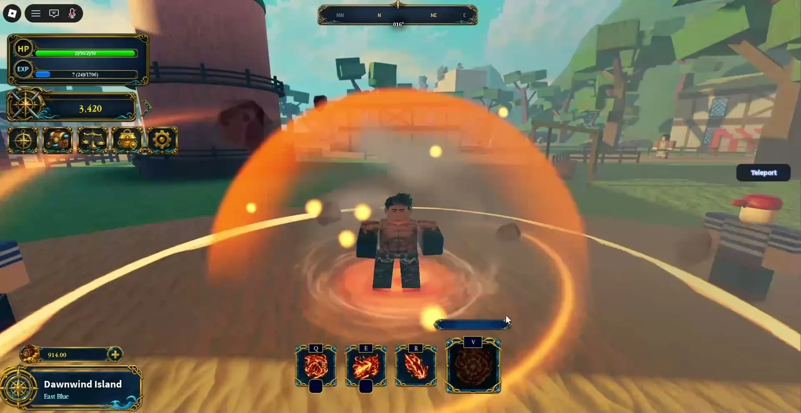 In-engine gameplay with HUD: fire skill on Dawnwind Island