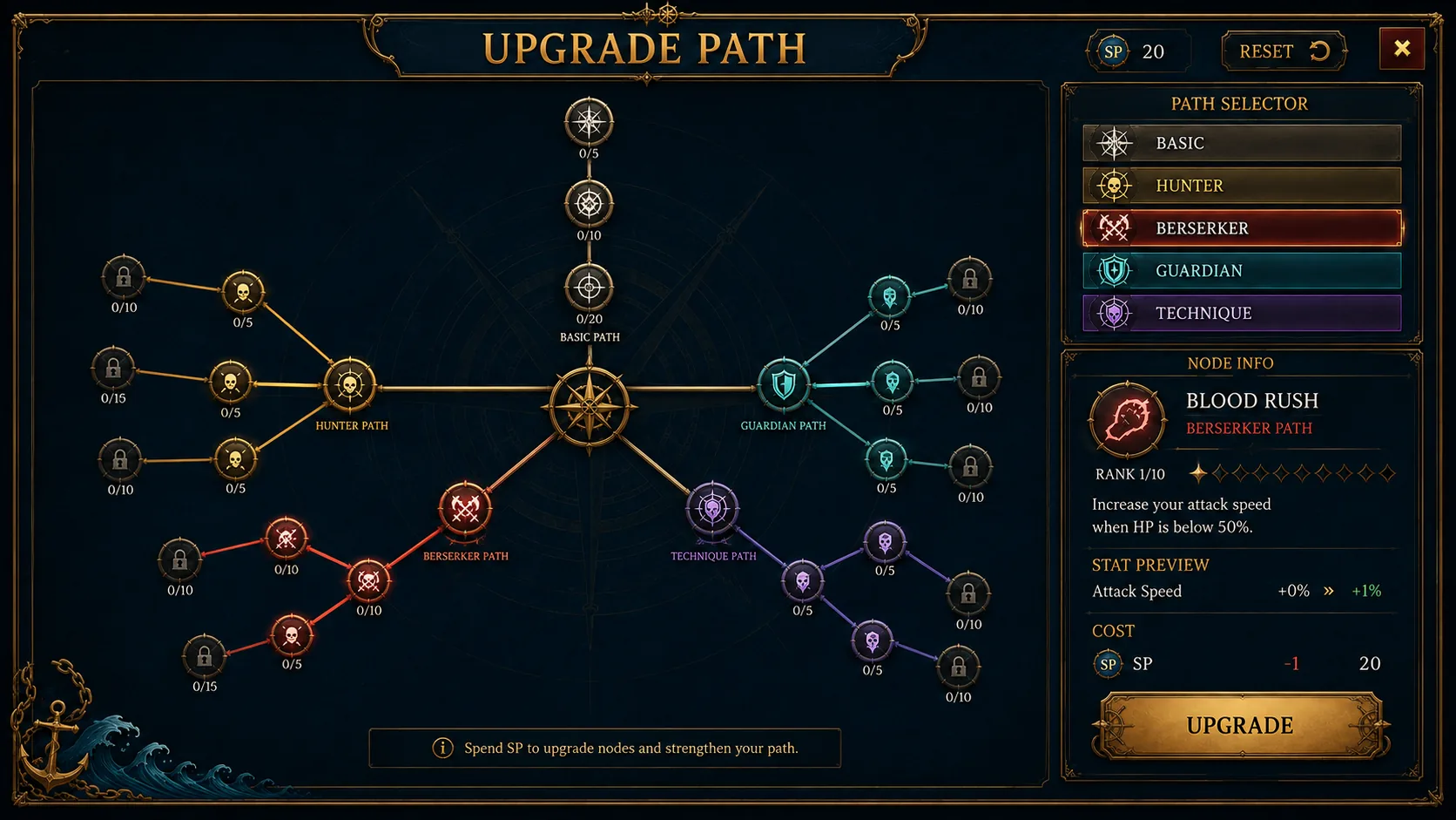 Upgrade Path UI with Basic, Hunter, Berserker, Guardian and Technique trees